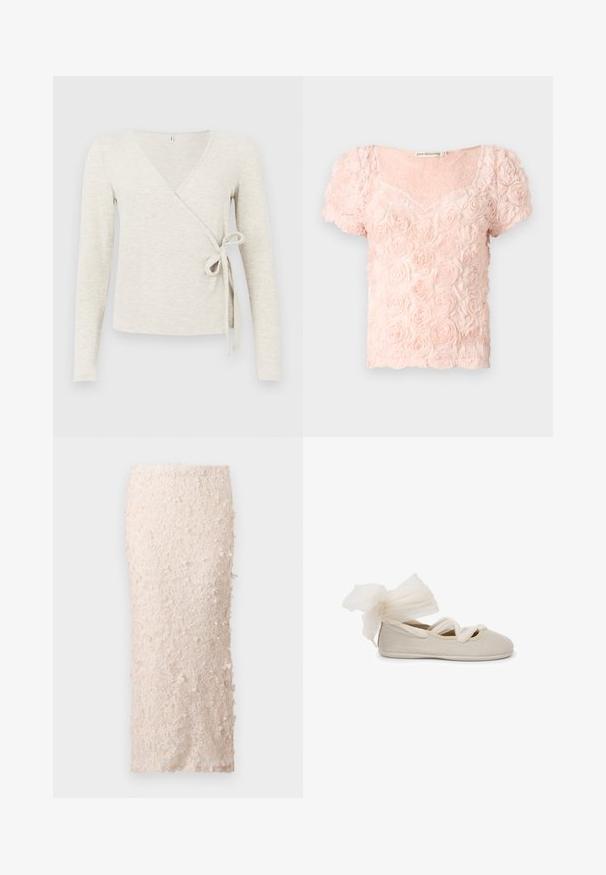 Haut enveloppant beige à manches longues en tissu doux, avec un col en V et une fermeture à nouer à la taille. Texture lisse et design minimal.; Blouse rose clair à manches courtes avec un motif floral 3D de roses et un col en V arrondi sur un fond uni.; Jupe crayon crème en dentelle avec des appliqués floraux. Le design est ajusté, présentant une texture lisse et des embellissements détaillés.; Ballerines beige avec une finition texturée, présentant un nœud élégant en tissu transparent au talon et des brides entrecroisées sur le dessus.