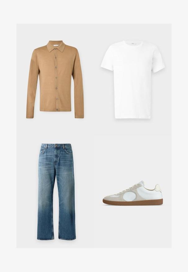 Beige langærmet skjorte med knapper, spidst krave, knapper foran og lige kant, vist mod en ensfarvet baggrund.; Hvid kortærmet bomulds-T-shirt med rund hals, vist fladt på en lys grå baggrund.; Lysblå brede jeans med en falmet vask, prydet med enkeltknaplukning, fem lommer og kontrastsyede detaljer.; Lavprofil casual sneaker med hvidt læderoverdel, lysebeige ruskind accents, rund tå, hvide snørebånd og gummisål.