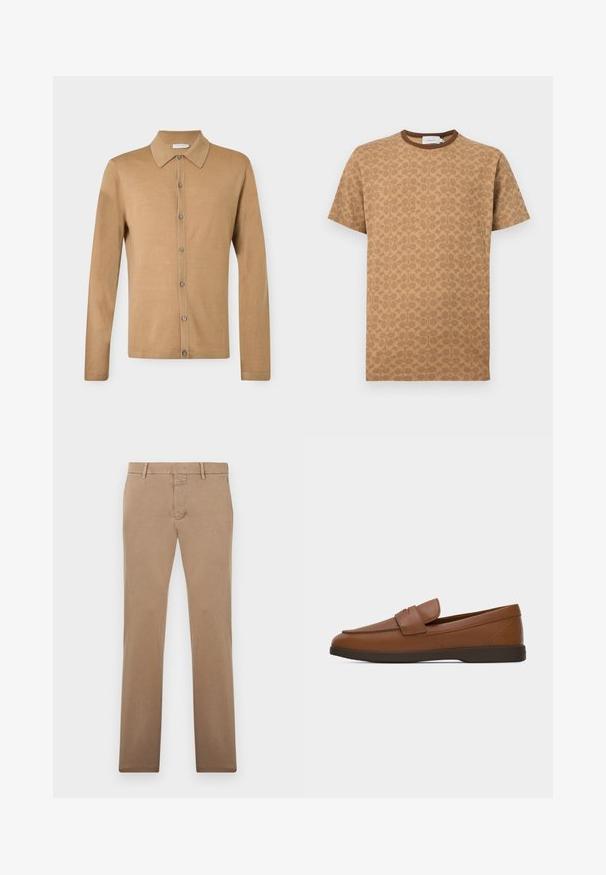 Chemise beige à manches longues avec boutons, col pointu, boutons à l'avant et ourlet droit, présentée sur un fond uni.; T-shirt marron à manches courtes avec un motif complet de logos "C" superposés de Coach et un col rond marron uni.; Pantalon beige à jambes droites avec passants de ceinture, fermeture éclair à l'avant et fermeture à bouton, présenté à plat sur un fond blanc.; Mocassin à enfiler en cuir marron avec une semelle basse foncée et un détail de bride sur le dessus, présenté de profil sur un fond gris clair.