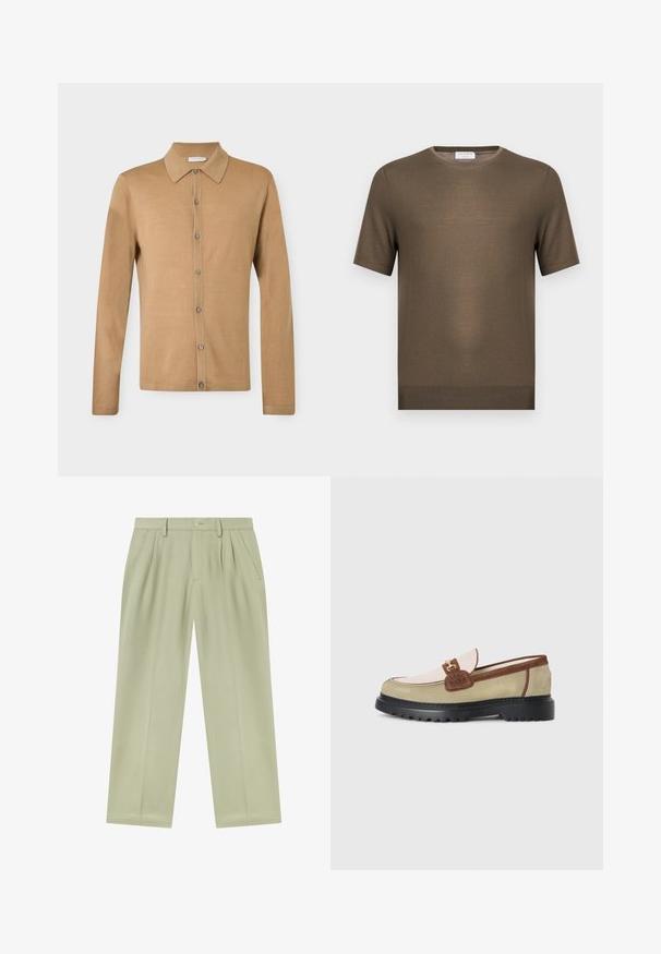Chemise beige à manches longues avec boutons, col pointu, boutons à l'avant et ourlet droit, présentée sur un fond uni.; Pull en maille vert olive à manches courtes avec encolure ronde et ourlet côtelé, présenté sur fond blanc uni.; Pantalon beige clair à jambes droites avec passants de ceinture, plis devant, poches latérales et fermeture par bouton à la taille.; Loafer avec des panneaux en suède beige, rose clair et marron, accent en boucle en métal doré et semelle épaisse en caoutchouc noir avec un motif de crans.