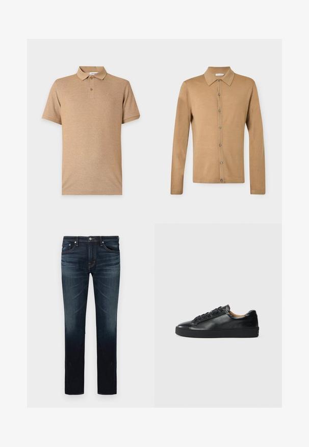 Chemise beige à manches longues avec boutons, col pointu, boutons à l'avant et ourlet droit, présentée sur un fond uni.; Polo beige à manches courtes avec deux boutons et un logo brodé discret sur la poitrine gauche, présenté sur un fond uni.; Jean slim bleu foncé avec légère décoloration sur les cuisses et les genoux, design à cinq poches, et fermeture par bouton à la taille.; Baskets en cuir noir avec une texture lisse, bout rond et fermeture à lacets. Comprend une semelle en caoutchouc épaisse et un minimum de détails de marque.