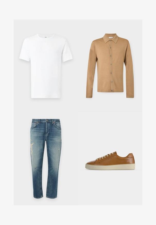 Chemise beige à manches longues avec boutons, col pointu, boutons à l'avant et ourlet droit, présentée sur un fond uni.; T-shirt blanc uni à manches courtes et col rond, présenté de face avec une étiquette visible dans le cou sur un fond clair.; Jean en denim bleu clair à coupe décontractée, avec des zones usées, une fermeture à boutons et cinq poches. Lavage en machine recommandé.; Baskets basses en cuir marron avec lacets crème et semelle épaisse en caoutchouc crème, vues de profil sur fond blanc.