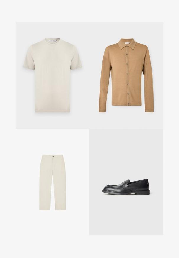 Long-sleeve beige button-up shirt with a pointed collar, front buttons, and a straight hem, displayed against a plain background.; Beige short-sleeve crew neck T-shirt made from soft fabric, with a tag labeled "Tiger of Sweden" inside the collar.; Beige straight-leg trousers with belt loops, side pockets, and a front button closure.; Black leather loafers with a textured finish, featuring a decorative front strap and a rounded toe. Rubber sole for durability.