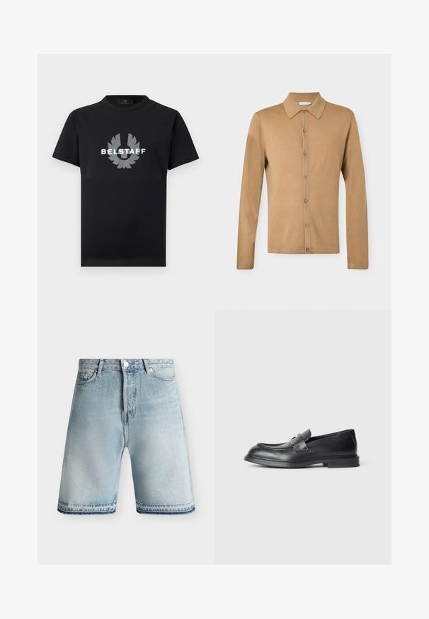 Chemise beige à manches longues avec boutons, col pointu, boutons à l'avant et ourlet droit, présentée sur un fond uni.; T-shirt noir à manches courtes avec col rond, orné d'un logo Belstaff argenté réfléchissant et d'un emblème ailé centré sur la poitrine.; Short en denim bleu clair avec fermeture bouton et zip, passants de ceinture, poches avant et ourlets effilochés sur fond uni.; Mocassins en cuir noir avec une finition texturée, dotés d'une bride décorative à l'avant et d'un bout arrondi. Semelle en caoutchouc pour plus de durabilité.