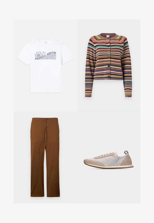 Gestreepte cardigan met ronde hals, knoopsluiting en lange mouwen. Gemaakt van geribbelde stof in verschillende kleuren, waaronder bruin, rood en blauw.; Witte katoenen t-shirt met een kleurrafische afbeelding van een reuzenrad en een achtbaan, met de tekst "PS Paul Smith" in rood en blauw.; Bruine, wijde broek van zacht katoen, met een strik aan de voorkant, twee grote opgestikte zakken en een gladde, effen afwerking.; Lichtbeige sneaker met witte veters, suède accenten aan neus en hiel, zachte stoffen zijkanten en een dunne lichtbruine rubberen zool, zijaanzicht.