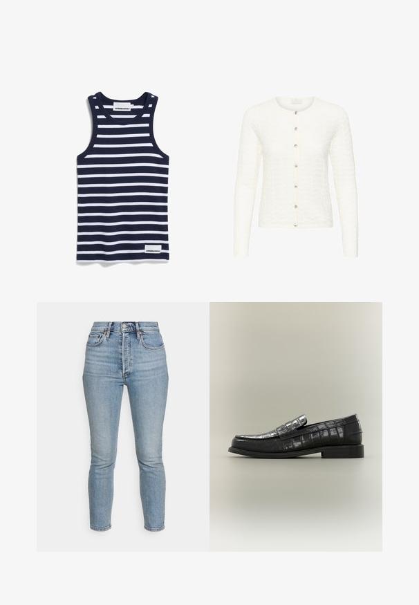 Cardigan blanco de punto con mangas largas, cuello redondo y siete botones plateados en la parte delantera, con un patrón texturizado en toda la prenda.; Camiseta sin mangas de color azul marino con rayas blancas horizontales, fabricada en tela elástica. Presenta un cuello redondo y una pequeña etiqueta de la marca en el dobladillo.; RE/DONE HIGH RISE ANKLE CROP - Vaqueros slim fit - light blue; Zapato tipo mocasín de cuero negro brillante con un patrón de cocodrilo, suela plana y una tira decorativa en el empeine. Textura suave y diseño elegante.