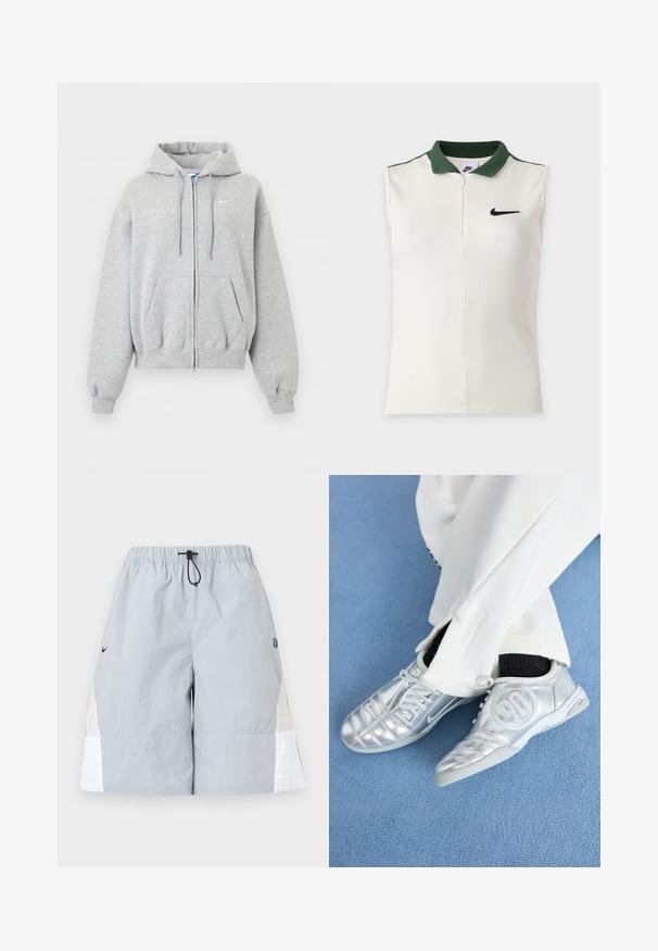 Lichtgrijze hoodie met ritssluiting, voorzakken, aantrekkoordje in de capuchon, geribde boorden en zoom en klein wit Nike-logo op de borst.; Mouwloos wit Nike-topje met geribbelde textuur, donkergroene kraag, halve rits en zwarte Nike-swoosh op de borst.; Lichtgrijze sportshorts met witte zijpanelen, een elastische tailleband en een zwarte aantrekkoordlus, weergegeven op een effen achtergrond.; Zilveren sportschoenen met een gladde, glanzende afwerking, voorzien van een gestikt ontwerp en het nummer 90 aan de zijkant, gecombineerd met witte broek.