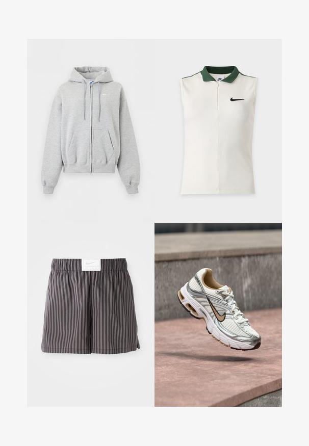 Lichtgrijze hoodie met ritssluiting, voorzakken, aantrekkoordje in de capuchon, geribde boorden en zoom en klein wit Nike-logo op de borst.; Mouwloos wit Nike-topje met geribbelde textuur, donkergroene kraag, halve rits en zwarte Nike-swoosh op de borst.; Grijs gestreepte shorts gemaakt van lichtgewicht stof, met een elastische tailleband en een witte Nike logo-label aan de voorkant.; Witte en zilveren Nike hardloopschoen met een beige swoosh-logo, getoond zwevend boven een stenen oppervlak met een onscherpe grijze muur op de achtergrond.