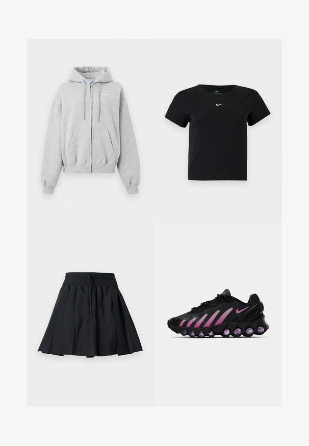 Sudadera con capucha y cremallera en gris claro, con bolsillos delanteros, capucha con cordón, puños y bajo ribeteados, y pequeño logo blanco de Nike en el pecho.; Camiseta negra de rayas con mangas cortas, que presenta un pequeño logo blanco de Nike en el pecho y un cuello redondo.; Falda negra plisada con cinturilla elástica y cordón, hasta la rodilla, mostrada sobre un fondo liso de color gris claro.; Zapatillas Nike negras y rosas con parte superior de malla, diseño curvado y amortiguación morada redondeada en la suela y los laterales.
