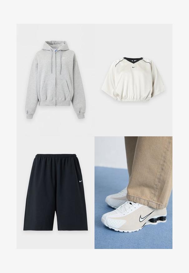 Sudadera con capucha y cremallera en gris claro, con bolsillos delanteros, capucha con cordón, puños y bajo ribeteados, y pequeño logo blanco de Nike en el pecho.; Top deportivo corto blanco con ribete en V negro, cintura elástica, mangas cortas y anchas y pequeño logo negro de Nike en el centro delantero.; Pantalones cortos deportivos negros de Nike con cintura elástica y pequeño logo blanco Swoosh en el muslo derecho, mostrados sobre un fondo liso.; Zapatillas Nike blancas y beige con diseño perforado, logo de swoosh negro, parte superior texturizada y distintivo talón negro elástico.