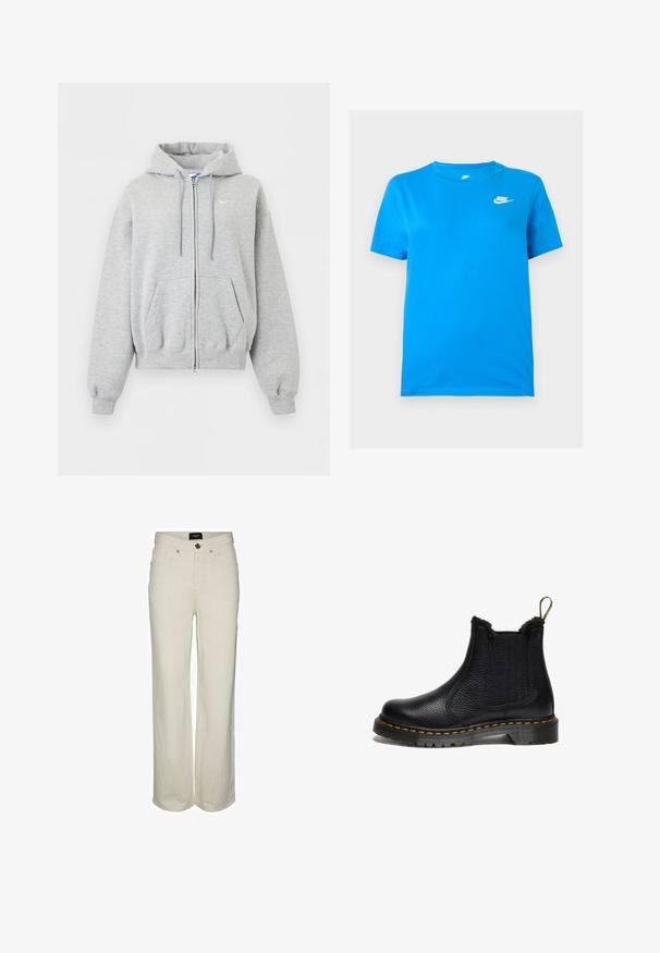 Sweat à capuche gris clair zippé avec poches avant, capuche à cordon, poignets et bas en côte, et petit logo Nike blanc sur la poitrine.; T-shirt Nike bleu à manches courtes avec col rond et logo Nike blanc sur la partie supérieure gauche de la poitrine, sur un fond uni.; Pantalon en denim crème à jambe large, avec fermeture à bouton et zip, cinq poches et détails de couture subtils. En matière de coton.; Bottine en cuir noir avec une finition texturée, panneaux latéraux élastiques, col en fausse fourrure, couture jaune et semelle en caoutchouc épaisse.