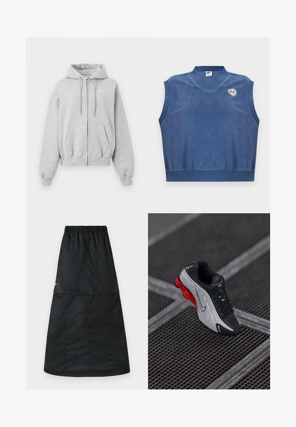 Lysegrå hættetrøje med lynlås foran, forlommer, snørrehætte, ribstrikkede manchetter og kant samt lille hvid Nike-logo på brystet.; Ærmeløs blå Nike terry stof vest med V-hals og lille hvidt og blåt broderet logo på øverste venstre bryst.; Sort atletisk nederdel lavet af let, glat nylonstof. Har elastisk taljebånd og et enkelt, langt, A-formet design.; Sort og grå atletisk sko med rød polstret sål, sorte snørebånd og swoosh-logo hvilende på metalgitteroverflade.