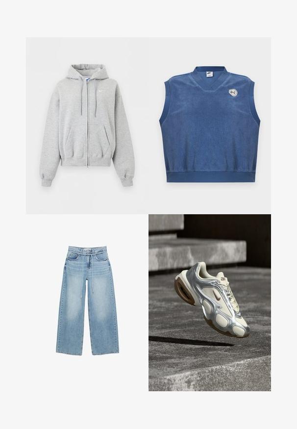 Hellgrauer Kapuzenpullover mit Reißverschluss vorne, Fronttaschen, Kordelzugkapuze, gerippten Bündchen und Saum und kleinem weißen Nike-Logo auf der Brust.; Ärmellose blaue Nike Frottee-Weste mit V-Ausschnitt und kleinem weiß-blauem gesticktem Logo auf der oberen linken Brust.; Hellblaue Jeans mit weitem Bein, hoher Taille, Vorderseitentaschen, Gürtelschlaufen und dünnem verstellbarem Kordelzuggürtel.; Cremefarbener und metallisch silberner Sportschuh schwebt über Betontreppen, ausgestattet mit braunen Gummisohlen und Nike-Logo.