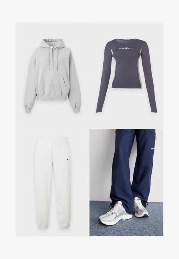 Svetlosivá mikina na zips s kapucňou, prednými vreckami, šnúrkou na kapucni, rebrovanými manžetami a spodným lemom a malým bielym logom Nike na hrudi.; Tmavošedý dlhý rukáv priliehavý športový top s svetlošedými bočnými panelmi a bielym logom "Nike Shox" na hrudi.; Svetlosivé tepláky Nike s elastickým pásom, zúženými lemami a malým čiernym logom na ľavom stehne. Mäkká, textúrovaná tkanina.; Športové topánky Nike s strieborným sieťovaným zvrškom, bielymi detailmi a textúrovanými podrážkami, skombinované s voľnými námorníckymi nohavicami.