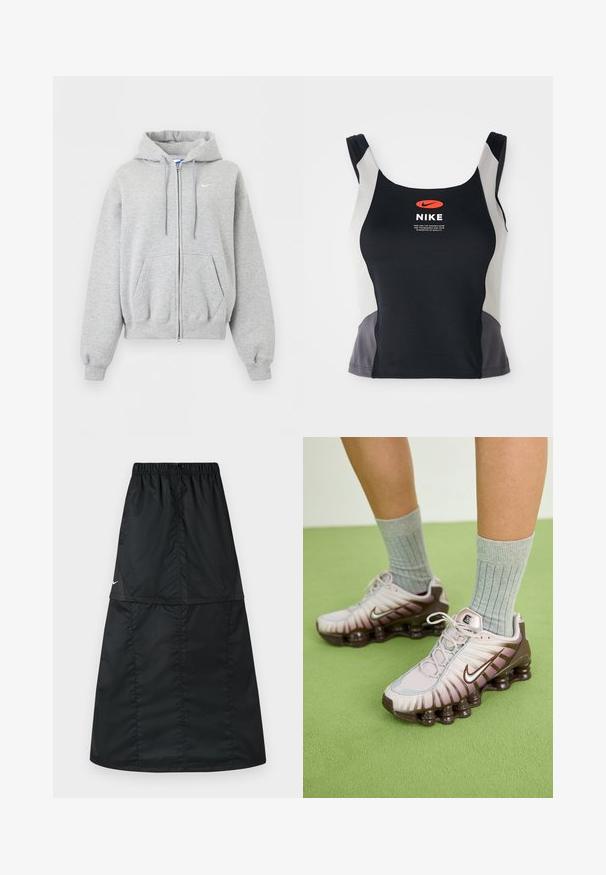 Lysegrå hættetrøje med lynlås foran, forlommer, snørrehætte, ribstrikkede manchetter og kant samt lille hvid Nike-logo på brystet.; Sorte og grå atletisk tanktop med rund halsudskæring, smalle stropper og et centralt orange Nike-logo trykt på forsiden.; Sort atletisk nederdel lavet af let, glat nylonstof. Har elastisk taljebånd og et enkelt, langt, A-formet design.; Nike sneakers i lys pink og brun, med en tekstureret overdel, lagdelt design og en polstret sål med synlige luftenheder.