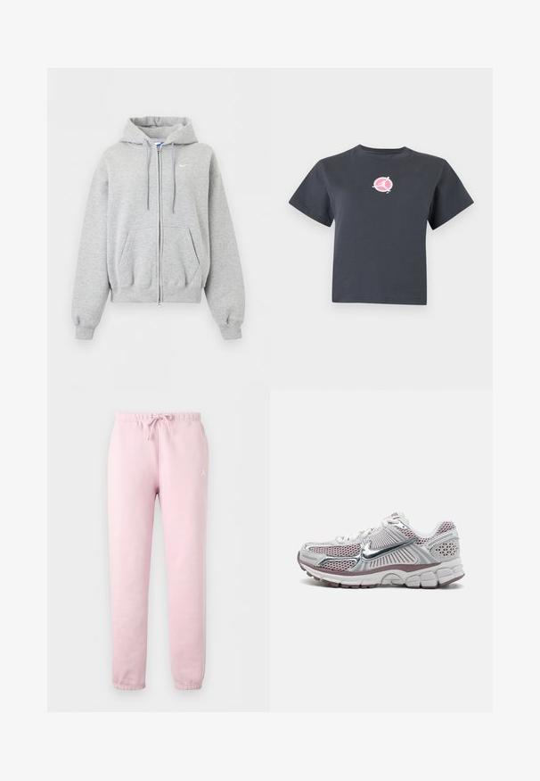 Sudadera con capucha y cremallera en gris claro, con bolsillos delanteros, capucha con cordón, puños y bajo ribeteados, y pequeño logo blanco de Nike en el pecho.; Camiseta corta de manga corta en gris oscuro con un pequeño logo redondo rosa y blanco que muestra la silueta de una persona en movimiento en el pecho.; Pantalones deportivos rosa claro con puños y cinturilla elásticos, con cuerda ajustable en la parte delantera y pequeño logo blanco en la parte superior del muslo izquierdo.; Zapatilla deportiva de Nike con parte superior de malla blanca con detalles plateados, detalles en rosa y una suela gruesa, acolchada y texturizada.