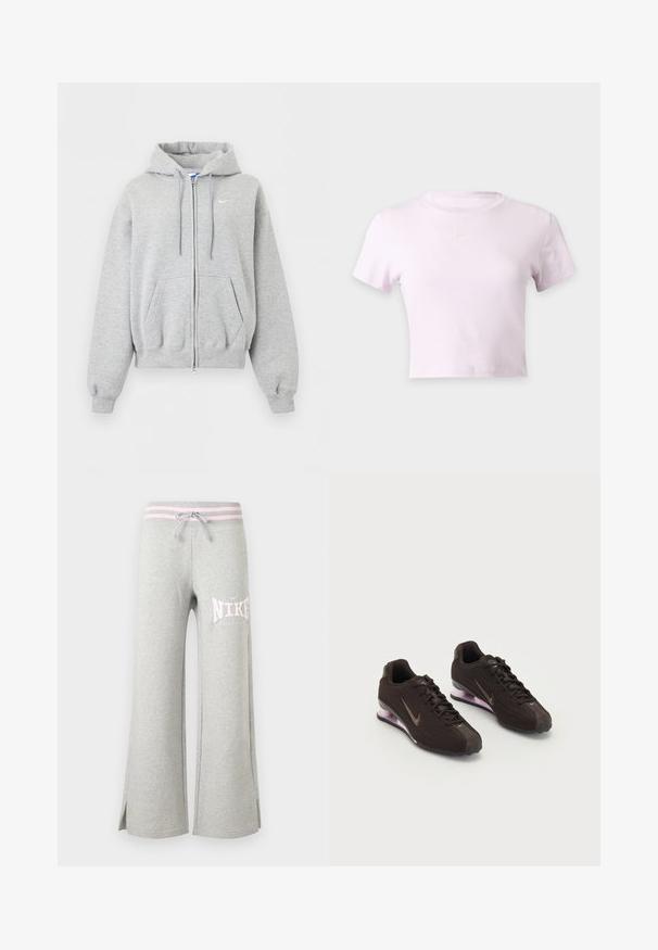 Lysegrå hættetrøje med lynlås foran, forlommer, snørrehætte, ribstrikkede manchetter og kant samt lille hvid Nike-logo på brystet.; Lyserød kort Nike t-shirt med korte ærmer og lille hvid Nike swoosh-logo centreret under halsudskæringen.; Lysegrå sweatpants med vide ben, pink stribet linning, snor, sideslidser og hvid Nike-logo på venstre lår.; Sorte atletiksko med en tekstureret overdel, brune detaljer og en lilla luftfyldt sål. Snørebåndsdesign med fremtrædende branding.
