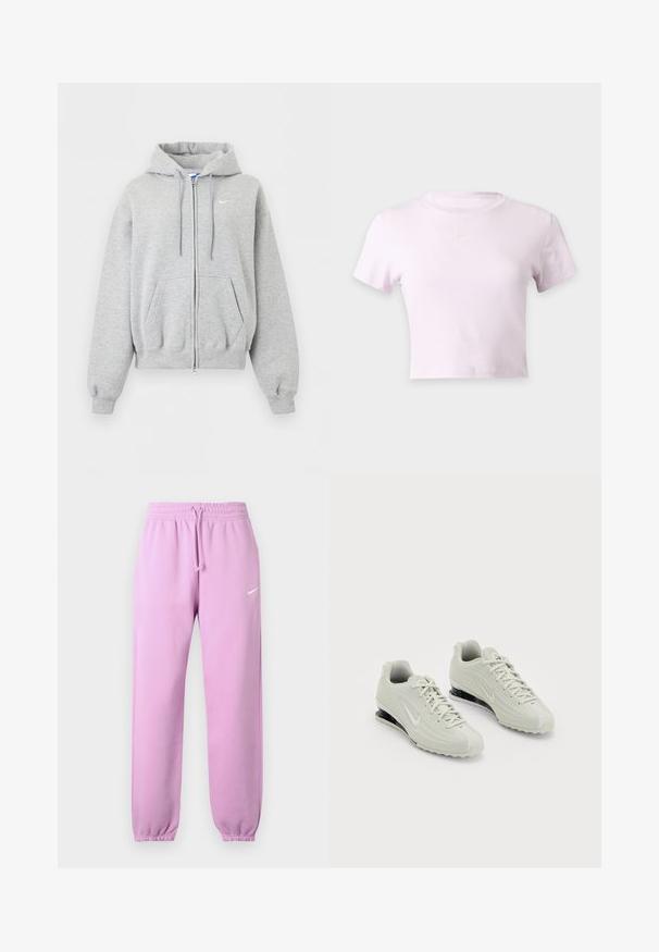 Lysegrå hættetrøje med lynlås foran, forlommer, snørrehætte, ribstrikkede manchetter og kant samt lille hvid Nike-logo på brystet.; Lyserød kort Nike t-shirt med korte ærmer og lille hvid Nike swoosh-logo centreret under halsudskæringen.; Lyse lilla Nike joggingbukser med elastisk taljebånd, justerbar snor, elastiske manchetter og hvid Nike swoosh-logo på venstre lår.; Hvide Nike sneakers med en tekstureret overdel, der har en glat tæer og sorte polstringselementer. Snørebåndsstil med forstærket hæl.