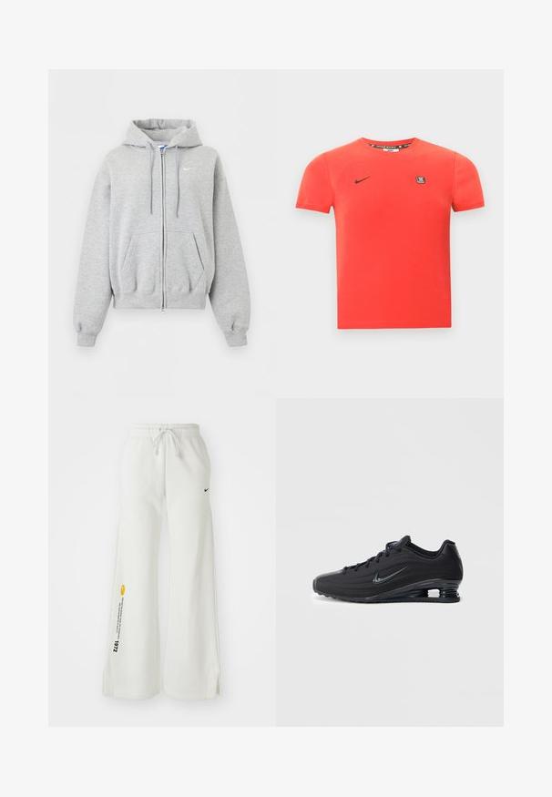 Lysegrå hættetrøje med lynlås foran, forlommer, snørrehætte, ribstrikkede manchetter og kant samt lille hvid Nike-logo på brystet.; Rød bomulds T-shirt med korte ærmer, med et sort Nike-logo og et lille mærke på brystet. Enkel rund halsudskæring.; Hvide, brede sweatsbukser med elastisk talje, snøre, sidespalter, sort Nike-logo og kontrasterende gul grafisk tekst.; Sorte Nike-sneakers med en tekstureret overdel, der har et elegant design, snørelukning og en synlig air-enhed i hælen. Minimalistisk branding-detalje.