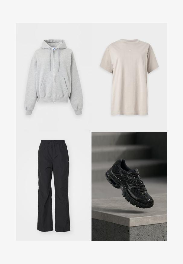 Svetlosivá mikina na zips s kapucňou, prednými vreckami, šnúrkou na kapucni, rebrovanými manžetami a spodným lemom a malým bielym logom Nike na hrudi.; Svetlo béžové bavlnené tričko s krátkym rukávom a malým bielym logom Nike Swoosh umiestneným stredovo pod výstrihom.; Čierne, ľahké nohavice s elastickým pásom a šnúrkou. Majú textúrovaný povrch a malú reflexnú nášivku na boku.; Čierna bežecká topánka Nike s sieťovinovou a syntetickou vrchnou časťou vznášajúca sa nad betónovým povrchom a schodíkmi v pozadí.