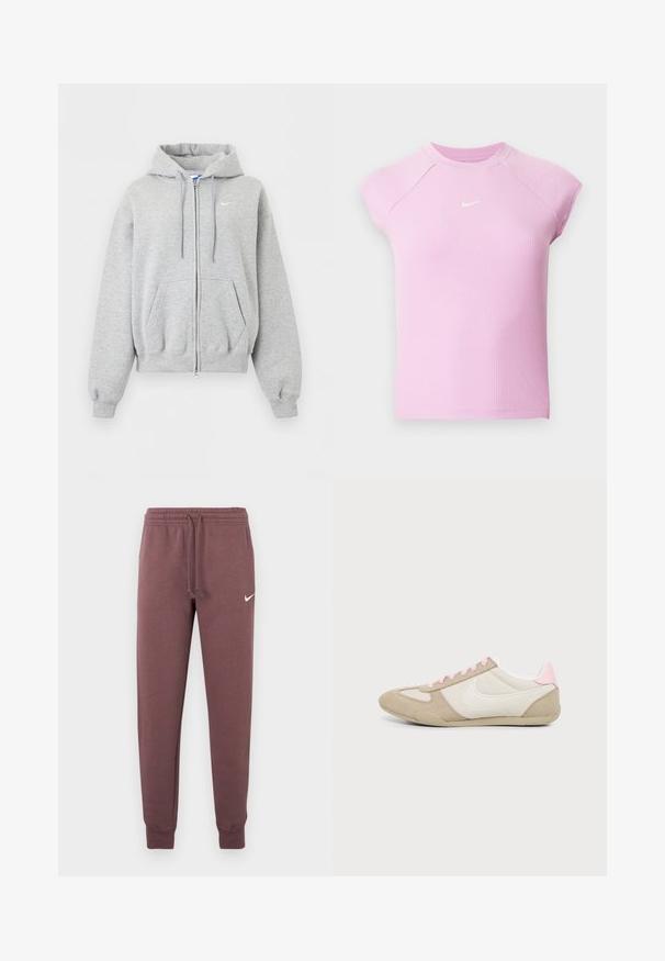 Lysegrå hættetrøje med lynlås foran, forlommer, snørrehætte, ribstrikkede manchetter og kant samt lille hvid Nike-logo på brystet.; Lyserød ribstrikket atletisk top med korte ærmer, rund halsudskæring og lille hvid Nike swoosh-logo centreret på brystet.; Nike joggingbukser i bordeauxrød med elastik i taljen og snøre, ribstrikkede manchetter og et lille hvidt logo på venstre hofte.; Lavprofileret beige og hvid sneaker med pink accenter og snørebånd, med stor hvid swoosh-logo på siden.