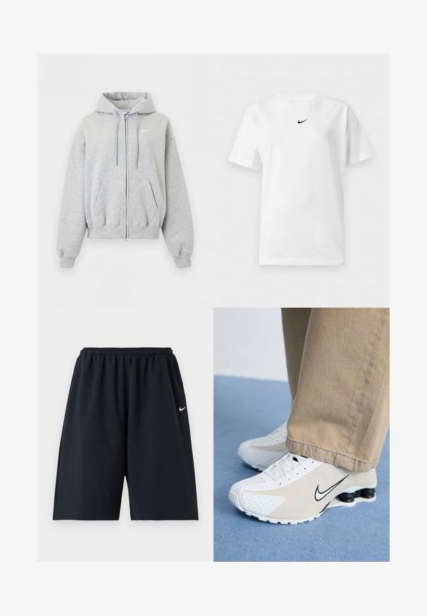 Hellgrauer Kapuzenpullover mit Reißverschluss vorne, Fronttaschen, Kordelzugkapuze, gerippten Bündchen und Saum und kleinem weißen Nike-Logo auf der Brust.; Weißes T-Shirt mit kurzen Ärmeln und Rundhalsausschnitt, mit einem kleinen schwarzen Nike Swoosh-Logo zentriert nahe dem Kragen.; Schwarze Nike Sportsshorts mit elastischem Bund und kleinem weißen Swoosh-Logo am rechten Oberschenkel, vor einfarbigem Hintergrund dargestellt.; Weiße und beigefarbene Nike-Sneaker mit durchlöchertem Design, schwarzem Swoosh-Logo, strukturiertem Obermaterial und auffälliger, federnder schwarzer Ferse.