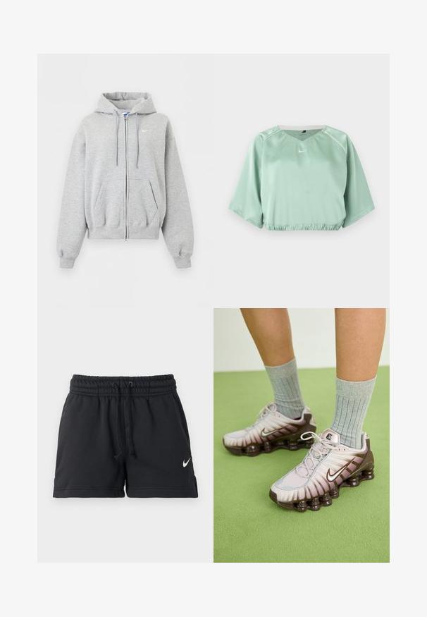 Sweat à capuche gris clair zippé avec poches avant, capuche à cordon, poignets et bas en côte, et petit logo Nike blanc sur la poitrine.; Top de sport court vert menthe avec manches courtes larges, taille élastique, liseré blanc aux épaules et petit logo Nike blanc au centre devant.; Shorts de sport Nike noirs avec taille élastique, cordon de serrage, poches latérales et logo swoosh blanc sur la jambe gauche.; Baskets Nike en rose clair et marron, présentant un dessus texturé, un design superposé et une semelle extérieure amortissante avec des unités d'air visibles.