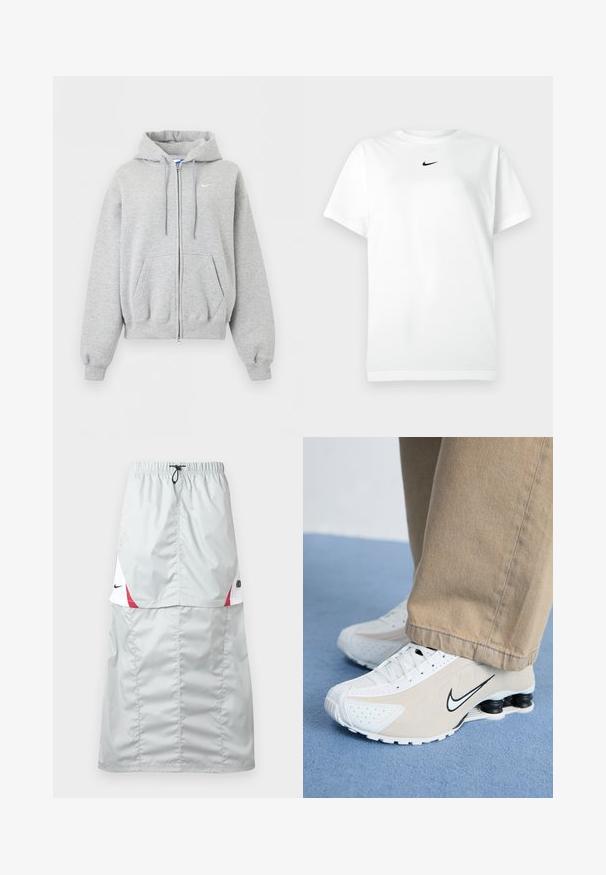 Sudadera con capucha y cremallera en gris claro, con bolsillos delanteros, capucha con cordón, puños y bajo ribeteados, y pequeño logo blanco de Nike en el pecho.; Camiseta de manga corta blanca con cuello redondo y pequeño logo de Nike en negro centrado debajo del escote.; Falda deportiva larga de color gris claro, hecha de un material brillante y liso; cuenta con detalles en rojo y blanco, cintura elástica y el logo de Nike en el costado.; Zapatillas Nike blancas y beige con diseño perforado, logo de swoosh negro, parte superior texturizada y distintivo talón negro elástico.