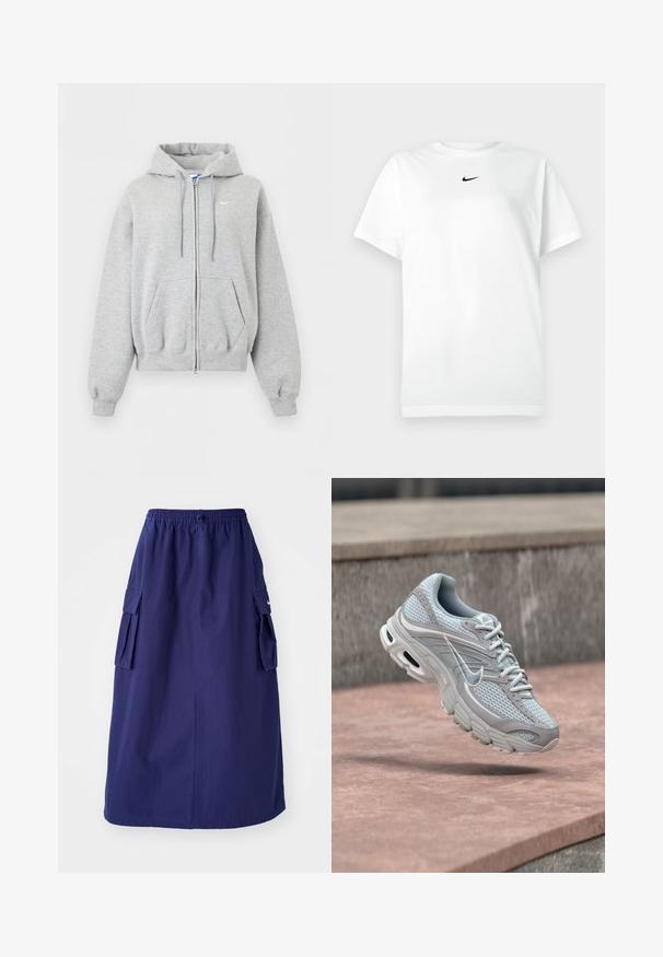 Helehall tulev lukuga pusas esitaskute, paeltega kapuutsi, soonikutega varruka- ja alaäärega ning väike valge Nike logo rinnal.; Valge lühikeste varrukatega T-särk ümmarguse kaelusega, millel on väikene must Nike'i logoga silt kaeluse all.; Tumedat sinine, keskpikk seelik elastse vöökohtaga, millel on kaks külgmist cargo-taskut ja minimaalne logo detail. Sile kangastekstuud.; helehall ja valge Nike jooksujalanõu võrgumaterjalist ja pehmendusega põhjaga, kujutatud õhus betoonastmete taustal.