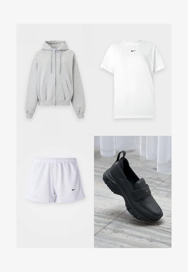 Svetlosivá mikina na zips s kapucňou, prednými vreckami, šnúrkou na kapucni, rebrovanými manžetami a spodným lemom a malým bielym logom Nike na hrudi.; Biele tričko s krátkym rukávom a okrúhlym výstrihom, na ktorom je malé čierne logo Nike swoosh umiestnené tesne pod výstrihom.; Biele, rebrované športové šortky s elastickým pásom a malým čiernym logom Nike na dolnej ľavej strane. Jednoduchý, minimalistický dizajn.; Čierna kožená obuv na šmýkanie s plochou podrážkou, textúrovaným povrchom, mäkko vystlaným horným dielom a zlatým logom. Navrhnuté pre pohodlie a jednoduché nosenie.