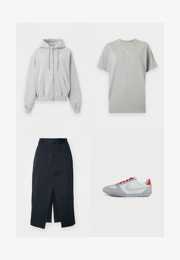 Svetlosivá mikina na zips s kapucňou, prednými vreckami, šnúrkou na kapucni, rebrovanými manžetami a spodným lemom a malým bielym logom Nike na hrudi.; Šedé bavlnené tričko s krátkym rukávom, okrúhlym výstrihom a malým bielym logom Nike swoosh v strede na hrudi.; Tmavomodrá midi sukňa vyrobená z bavlnenej zmesi, s predným rozparkom, skrytým zipsom a bočnými vreckami pre väčšiu funkčnosť.; Nízky sivobiely Nike teniska s veľkým bielym logom Swoosh, červenou pätovou záložkou a červenými šnúrkami na jednoliatom pozadí.