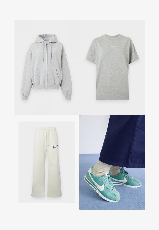 Hellgrauer Kapuzenpullover mit Reißverschluss vorne, Fronttaschen, Kordelzugkapuze, gerippten Bündchen und Saum und kleinem weißen Nike-Logo auf der Brust.; Graues kurzärmeliges Baumwoll-T-Shirt mit Rundhalsausschnitt und kleinem weißen Nike-Swoosh-Logo mittig auf der Brust.; Cremfarbene Jogginghose aus Baumwollmischung, mit entspannter Passform, elastischem Bund und Kordelzug sowie einem navyblauen Nike-Logo auf der Vorderseite.; Türkisfarbene Nike-Sneaker mit weißen Akzenten, aus glattem Stoff und Wildleder, mit retro Design und strukturiertem Sohlen.