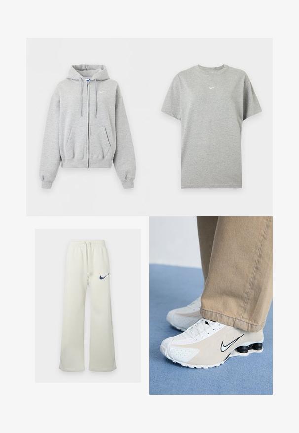 Hellgrauer Kapuzenpullover mit Reißverschluss vorne, Fronttaschen, Kordelzugkapuze, gerippten Bündchen und Saum und kleinem weißen Nike-Logo auf der Brust.; Graues kurzärmeliges Baumwoll-T-Shirt mit Rundhalsausschnitt und kleinem weißen Nike-Swoosh-Logo mittig auf der Brust.; Cremfarbene Jogginghose aus Baumwollmischung, mit entspannter Passform, elastischem Bund und Kordelzug sowie einem navyblauen Nike-Logo auf der Vorderseite.; Weiße und beigefarbene Nike-Sneaker mit durchlöchertem Design, schwarzem Swoosh-Logo, strukturiertem Obermaterial und auffälliger, federnder schwarzer Ferse.