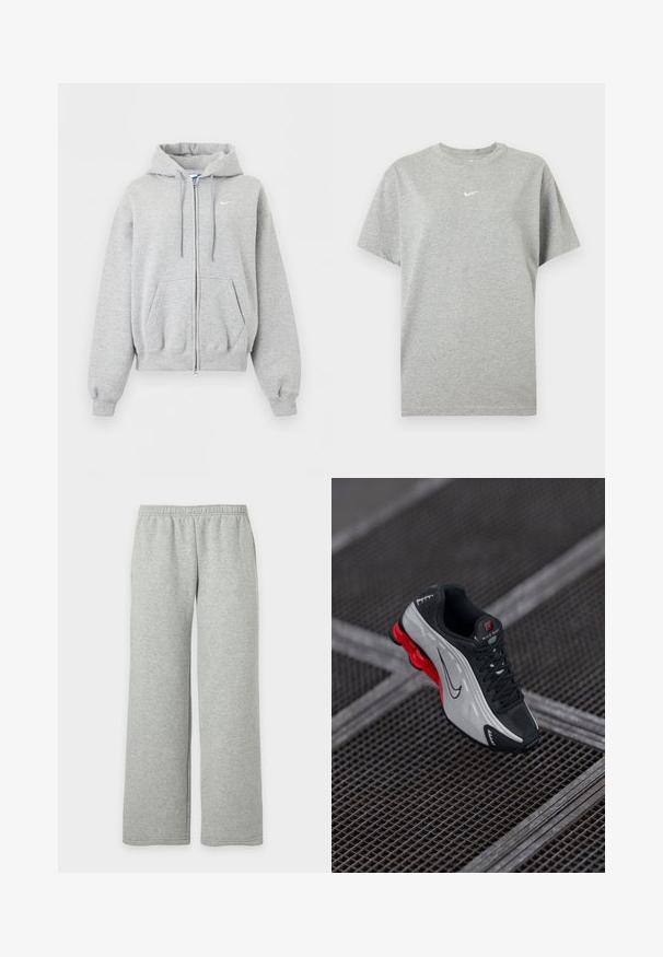 Svetlosivá mikina na zips s kapucňou, prednými vreckami, šnúrkou na kapucni, rebrovanými manžetami a spodným lemom a malým bielym logom Nike na hrudi.; Šedé bavlnené tričko s krátkym rukávom, okrúhlym výstrihom a malým bielym logom Nike swoosh v strede na hrudi.; Svetlošedé tepláky s elastickým pásom a širokými rovnými nohavicami, zobrazené na jednoduchom bielom pozadí.; Čierna a šedá atletická obuv s červenou odpruženou podrážkou, čiernymi šnúrkami a logom Swoosh odložená na kovovej mriežke.