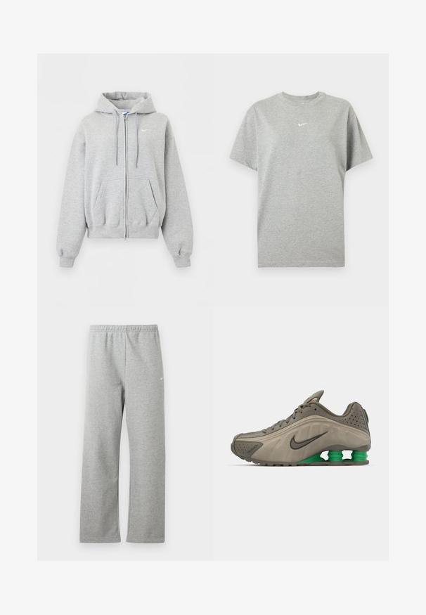 Svetlosivá mikina na zips s kapucňou, prednými vreckami, šnúrkou na kapucni, rebrovanými manžetami a spodným lemom a malým bielym logom Nike na hrudi.; Šedé bavlnené tričko s krátkym rukávom, okrúhlym výstrihom a malým bielym logom Nike swoosh v strede na hrudi.; Svetlosivé tepláky s elastickým pásom a malým bielym logom Nike na hornej časti stehna, zobrazené na bielom pozadí.; Nike tenisky v olivovo zelenej farbe s hladkým povrchom, perforovanými detailmi, čiernymi akcentmi a zeleným polstrovaním na päte. Ľahký, aerodynamický dizajn.
