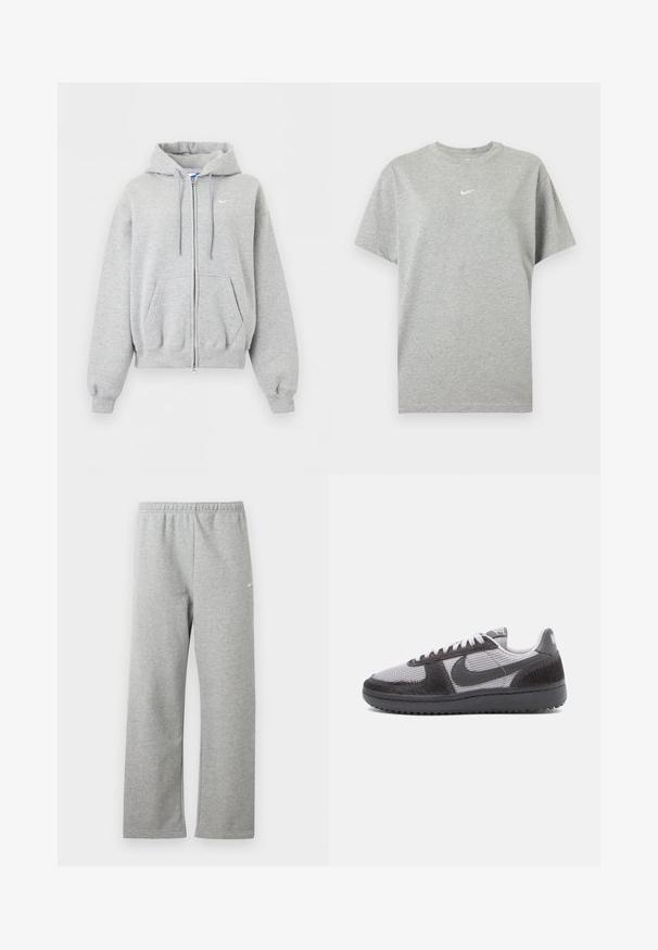 Vaaleanharmaa vetoketjullinen huppari etutaskuilla, kiristysnarulla varustettu huppu, resorit hihansuissa ja helmassa sekä pieni valkoinen Nike-logo rinnassa.; Harmaa lyhythihainen puuvillainen t-paita, jossa pyöreä kaulus ja pieni valkoinen Nike-swoosh -logo keskellä rintaa.; Vaaleanharmaat collegehousut, joissa joustava vyötärönauha ja pieni valkoinen Nike-logo ylemmässä reidessä, esitettynä tasaisena valkoista taustaa vasten.; Matalavarvassneakerit harmaasta verkkokankaasta, mustista teksturoiduista päällysteistä, mustasta pohjasta, valkoisista nauhoista ja mustasta Nike-logosta sivulla.