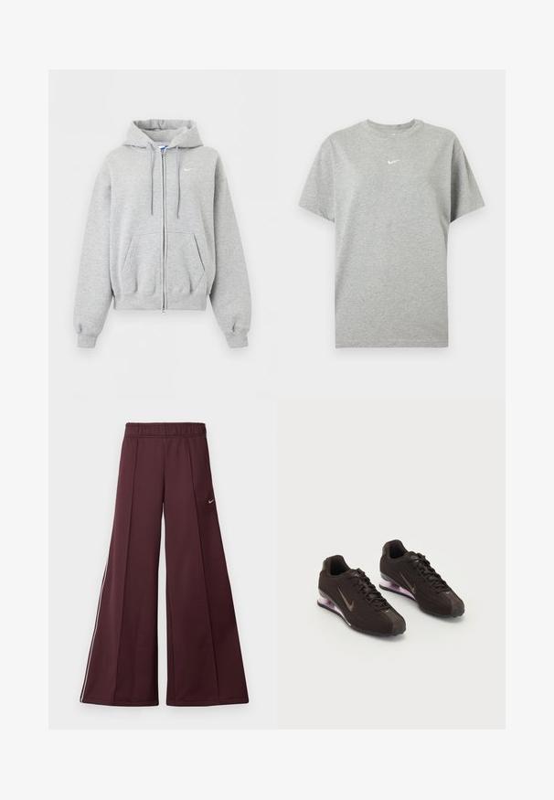 Lysegrå hættetrøje med lynlås foran, forlommer, snørrehætte, ribstrikkede manchetter og kant samt lille hvid Nike-logo på brystet.; Grå kortærmet bomuld T-shirt med rund hals og lille hvid Nike swoosh logo centreret på brystet.; Bordeaux bredde-bukser i et glat stof med elastisk talje og hvide striber på siden. Har et lille Nike-logo på venstre lår.; Sorte atletiksko med en tekstureret overdel, brune detaljer og en lilla luftfyldt sål. Snørebåndsdesign med fremtrædende branding.