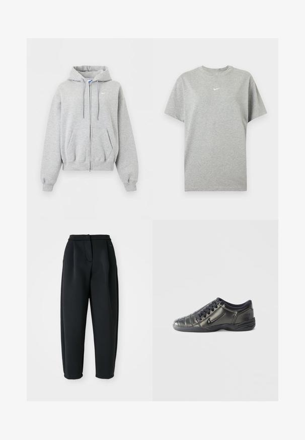 Svetlosivá mikina na zips s kapucňou, prednými vreckami, šnúrkou na kapucni, rebrovanými manžetami a spodným lemom a malým bielym logom Nike na hrudi.; Šedé bavlnené tričko s krátkym rukávom, okrúhlym výstrihom a malým bielym logom Nike swoosh v strede na hrudi.; Čierne nohavice vyrobené z hladkej látky, s prispôsobeným pásom, plisovaným predným dielom a zúženými nohavicami so sťahovanými spodnými okrajmi.; Čierne nízke tenisky Nike s šnúrkami, prešitými detailmi a textúrovanou podrážkou na jednoduchom bielom pozadí.