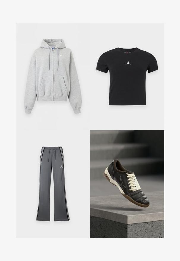 Vaaleanharmaa vetoketjullinen huppari etutaskuilla, kiristysnarulla varustettu huppu, resorit hihansuissa ja helmassa sekä pieni valkoinen Nike-logo rinnassa.; Musta lyhythihainen crop-top T-paita, jossa valkoinen Jumpman-logo on keskitetty rintakehälle yksinkertaista taustaa vasten.; Harmaat verkkarit, joissa on kiristettävä vyötärö, sivuraidat ja pieni logo. Valmistettu pehmeästä materiaalista, jossa on leveä lahkeiden muotoilu ja sileä pinta.; Tummanruskea nahkainen lenkkari, jossa on kerma-valkoiset nauhat, pehmustettu kaulus ja teksturoitu kärkiosa. Varustettu kumipohjalla ja sivulle suunnatulla Swoosh-logolla.