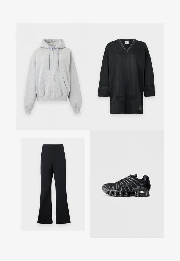 Sweat à capuche gris clair zippé avec poches avant, capuche à cordon, poignets et bas en côte, et petit logo Nike blanc sur la poitrine.; Maillot noir Nike à manches courtes avec col en V, présentant des côtes verticales, des accents cousus et un logo sur le côté gauche de la poitrine. Tissu léger.; Pantalons noirs évasés en tissu doux avec une taille élastique et un détail de poche latérale discret, présentant une texture lisse et un design minimaliste.; Chaussure de sport noire avec une tige en mesh texturé et une semelle épaisse distinctive comportant des sections arrondies. Lacets et talon renforcé pour un meilleur maintien.