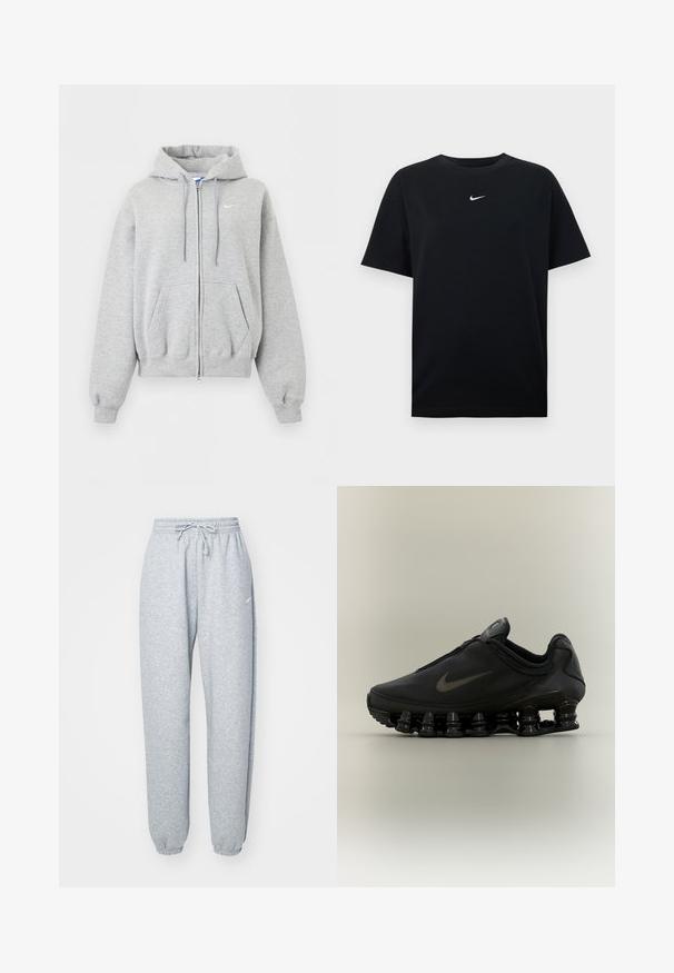 Helehall tulev lukuga pusas esitaskute, paeltega kapuutsi, soonikutega varruka- ja alaäärega ning väike valge Nike logo rinnal.; Mustast puuvillast T-särk ümara kaelusega ja lühikeste varrukatega. Rinnal keskel on väike valge Nike logo. Pehme tekstuur.; Heledad hallhalli pehmete puuvillasegistusega, millel on elastne vöökoht ja nöör, kitsenevad sääred ja ribakudumisega mansetid. Minim blown kaubamärgi detail.; Must Nike tennisejalats lukuga pealisega ja iseloomuliku kevadise jaotusega tallaga, nähtud küljelt neutraalsel taustal.