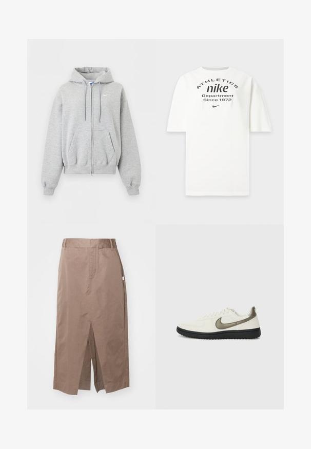 Sudadera con capucha y cremallera en gris claro, con bolsillos delanteros, capucha con cordón, puños y bajo ribeteados, y pequeño logo blanco de Nike en el pecho.; Camiseta blanca de Nike con texto negro "ATHLETICS nike Department Since 1972" y un pequeño logo Nike swoosh debajo del texto.; Falda de algodón marrón con un diseño recto, que presenta una abertura frontal, bolsillos laterales y una cintura estándar. Textura suave y costuras ajustadas.; Nike Sportswear FIELD GENERAL - Zapatillas - off-white/black