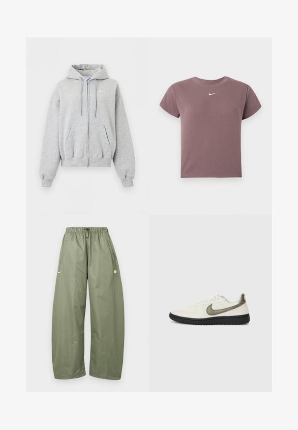 Lysegrå hættetrøje med lynlås foran, forlommer, snørrehætte, ribstrikkede manchetter og kant samt lille hvid Nike-logo på brystet.; Mauve ribbet kortærmet crop top med rund hals og lille hvid Nike-logo centreret under halsudskæringen.; Løse olivengrønne bukser med elastisk taljebånd, snøre, sidelommer og lille lys grøn logo på venstre lår.; Nike Sportswear FIELD GENERAL - Sneakers - off-white/black