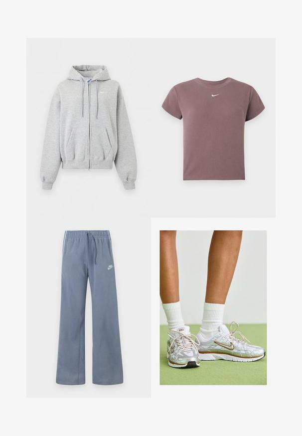 Lysegrå hættetrøje med lynlås foran, forlommer, snørrehætte, ribstrikkede manchetter og kant samt lille hvid Nike-logo på brystet.; Mauve ribbet kortærmet crop top med rund hals og lille hvid Nike-logo centreret under halsudskæringen.; Lysblå fleece Nike træningsbukser med elastisk talje, snor, vide ben og hvidt logo på venstre lår.; Sølv atletik sko med hvide og gyldne accenter, der har en mesh-overdel, gummisål og en reflekterende finish. Strømper synlige over anklen.
