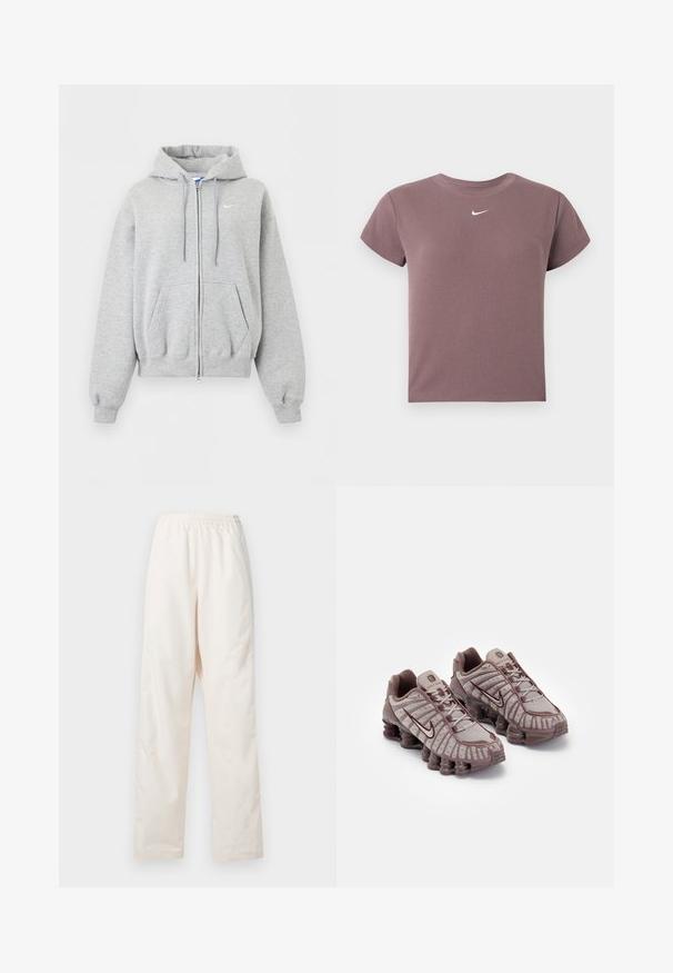 Lysegrå hættetrøje med lynlås foran, forlommer, snørrehætte, ribstrikkede manchetter og kant samt lille hvid Nike-logo på brystet.; Mauve ribbet kortærmet crop top med rund hals og lille hvid Nike-logo centreret under halsudskæringen.; Løse, cremefarvede bukser med elastisk talje og lige ben, vist mod en ensfarvet hvid baggrund.; Nike Sportswear SHOX TL - Sneakers - pumice/night maroon/plum eclipse