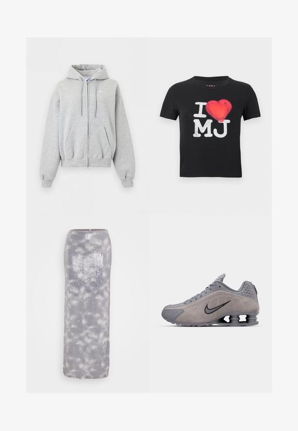 Lysegrå hættetrøje med lynlås foran, forlommer, snørrehætte, ribstrikkede manchetter og kant samt lille hvid Nike-logo på brystet.; Sort t-shirt med korte ærmer med hvid tekst "I MJ" og en rød hjertegrafik, der erstatter ordet "love" i midten.; Lang, grå palietteret nederdel med et struktureret ribbet design og et blødt, sky-lignende mønster. Har en lige silhuet og en lynlåslukke på bagsiden.; Grå ruskinds atletiksko med et buet design, der har snørebånd, et sort swoosh-logo og en synlig stødabsorberende hælenhed.