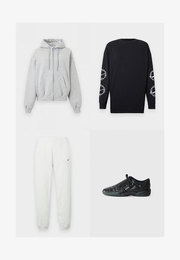 Sudadera con capucha y cremallera en gris claro, con bolsillos delanteros, capucha con cordón, puños y bajo ribeteados, y pequeño logo blanco de Nike en el pecho.; Camiseta negra de manga larga con cuello redondo, que presenta gráficos de alambre de espino y espinas en ambas mangas.; Pantalones deportivos Nike de color gris claro con una cintura elástica, puños ajustados y un pequeño logo negro en el muslo izquierdo. Tela suave y texturizada.; Zapatilla deportiva de cuero negro con un diseño acolchado, punta redondeada, cordones en la parte delantera y suela de goma. Presenta un sutil logotipo en el lateral.