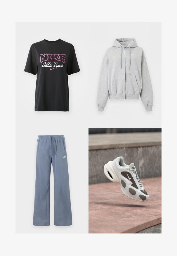 Sudadera con capucha y cremallera en gris claro, con bolsillos delanteros, capucha con cordón, puños y bajo ribeteados, y pequeño logo blanco de Nike en el pecho.; Camiseta de algodón negra con un estampado gráfico en rosa y blanco que incluye el texto "JUST DO IT", "NIKE" y "Departamento Deportivo". Corte estándar.; Sudadera Nike de forro polar azul claro con cintura elástica, cordón, piernas anchas y logo blanco en el muslo izquierdo.; Zapatilla Nike blanca y gris flotando sobre una superficie de piedra con cordones delanteros y amortiguación de aire visible en la suela.