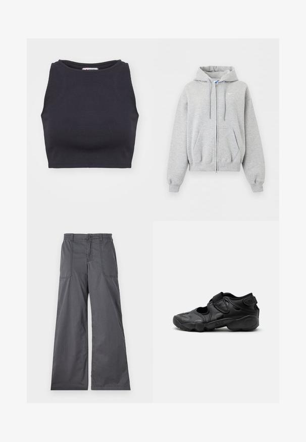 Helehall tulev lukuga pusas esitaskute, paeltega kapuutsi, soonikutega varruka- ja alaäärega ning väike valge Nike logo rinnal.; Musthave mustriline kaelus ja ilma varrukat must ribastatud lühiülikond. Sujuv tekstuur, vormikohane kuju ja minimalistlik stiil.; Hallid hallid laiad püksid, millel on sile tekstuur, ees olevate taskute, nupuga sule ja õmblustel tikanditega.; Mustad sportlikud sandaalid suletud varbaga, takjakinnitused sääre keskosas ja kandadel ning paks pehmendusega tald, millel külgmisel küljel kiri "AIR".