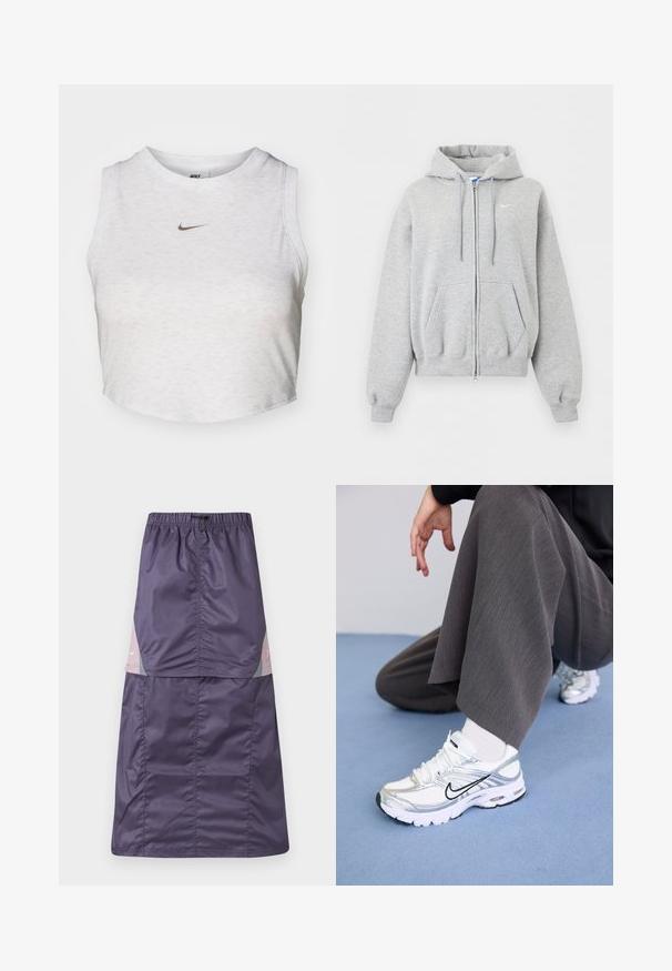Lysegrå hættetrøje med lynlås foran, forlommer, snørrehætte, ribstrikkede manchetter og kant samt lille hvid Nike-logo på brystet.; Hvid crop top lavet af blødt, tekstureret stof. Har en rund hals og uden ærmer med et lille guld Nike-logo på forsiden.; Lilla nylon nederdel med elastisk talje, der har farveblokpaneler i pink og grøn samt en lille hvid logo på den øverste del.; Hvide og sølv atletik sko med meshej og syntetiske materialer, der har sorte accentlinjer, snørebånd og strukturerede såler.